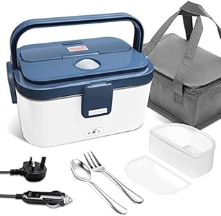 AUTOPkio Heatable Electric Lunch Box, 3 in 1 24V/ 12V/ 220V Heating Food Warmer 1.8L Stainless Steel Container and Spoon Fork with Bag for Car Truck Office Home (Blue)