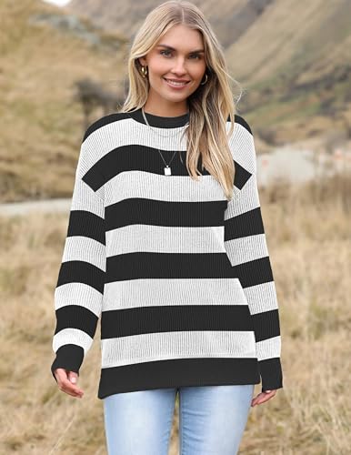 Image of Zeagoo Women 2026 Fall Lightweight Oversized Sweater Crew Neck Long Sleeve Color Block Pullover Rib Knit Blouse Tops XS-2XL