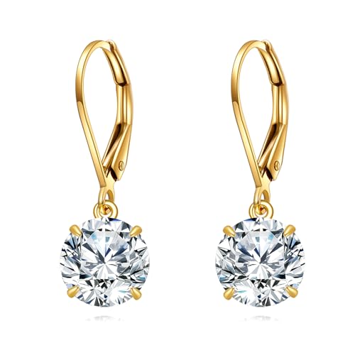 Round Moissanite Earrings for Women 14K Yellow Gold Leverback Earrings Jewelry Gift