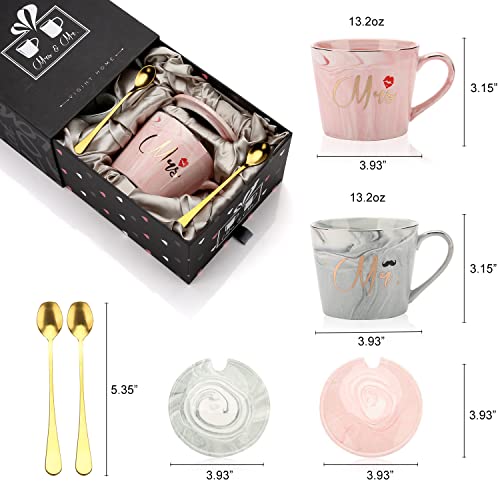 Mr And Mrs Couple Coffee Mugs Set- Wedding Gifts for Bride and Groom Mugs, His and Hers Gift Anniversary, Bridal Gifts for Engagement Birthday Party - Married Couples Ceramic Marble Cups