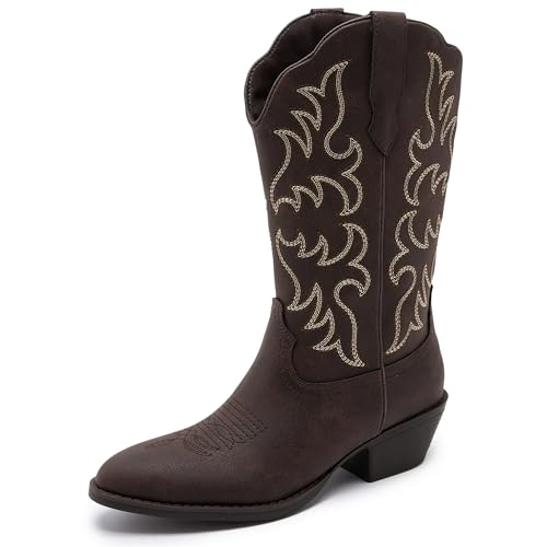 Cowboy Boots for Women - Classic Embroidery Traditional Style Cowgirl Boots, Comfortable Western Boots for Women & Teen Girls - Mid Calf Brown Cowgirl Boots (Ariela - Brown- 6)
