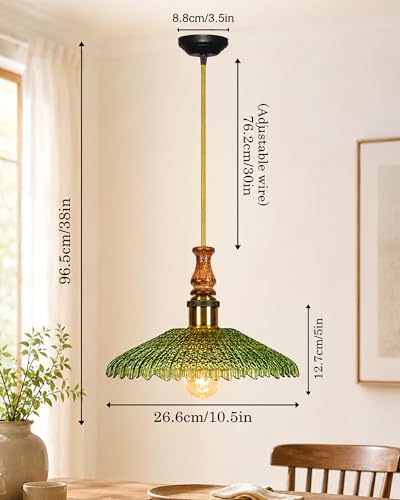 Image of Homesake Botanica Pendant Lamp | Petal Scalloped Glass Hanging Light with Solid Wood Top | Vintage European Ceiling Fixture, Pendant Light for Home Decor, Hallway, Kitchen & Balcony, (Ripple, Green)