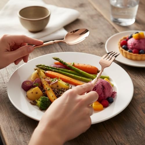 Image of 16 Pcs Rosegold Slim Handle Stainless Steel Cutlery Set for Dining Table with Spoons and Forks Set + Butterknives - The Perfect Tableware /Flatware