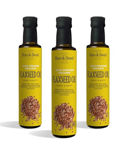Organic Flax Seed Oil (Cold Pressed) by Sun & Seed - 3 x 250ml - Great Source of Omega-3 - Vegan Friendly - Linseed Oil - Pure & Refined