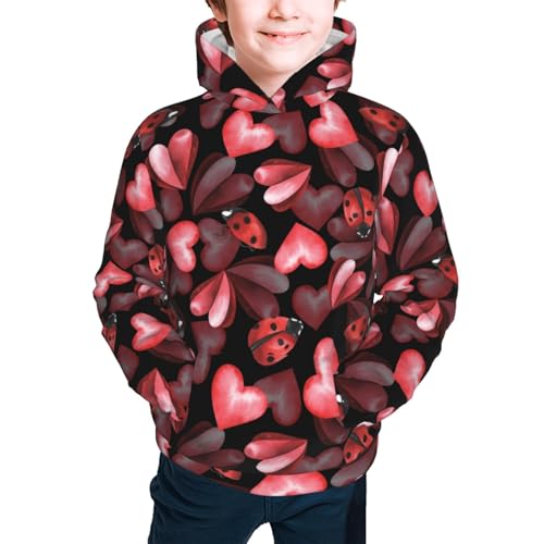 Ladybugs and Red Hearts Kid Hoodies Boys Sweatshirts Girls Pullover with Pocket3