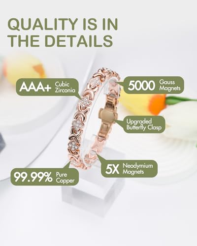 Feraco Pure Copper Bracelets for Women, 5X Ultra Strength Magnetic Bracelet with 5000 Gauss Neodymium Magnets & Upgraded Butterfly Clasp, Adjustable Jewelry Gift - Image 4