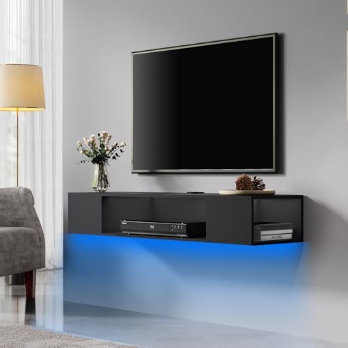 FITUEYES Black Floating TV Stand with LED Light, Wall Mounted Ent...