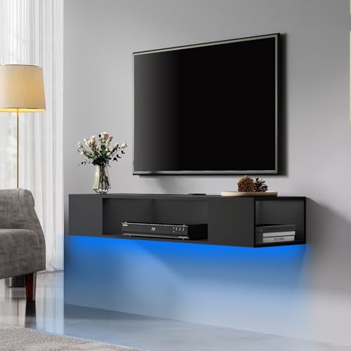 FITUEYES Black Floating TV Stand with LED Light, Wall Mounted