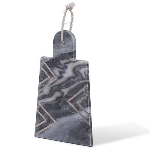 12" x 7" Grey Marble Cutting Board w/Brass Inlay & Built In Hanging Handle – Durable Marble Pastry Board for Kitchen Countertops & Everyday Use
