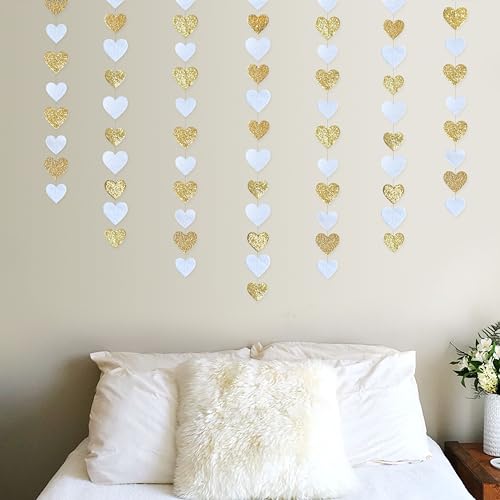 Image of Gold and White Heart Decorations Double Sided Sequin 3D Heart Hanging Wall Art Ornament Garland for Nursery Classroom Bedroom Valentines Day Holiday Christmas Weeding Anniversary Home Wall Decor
