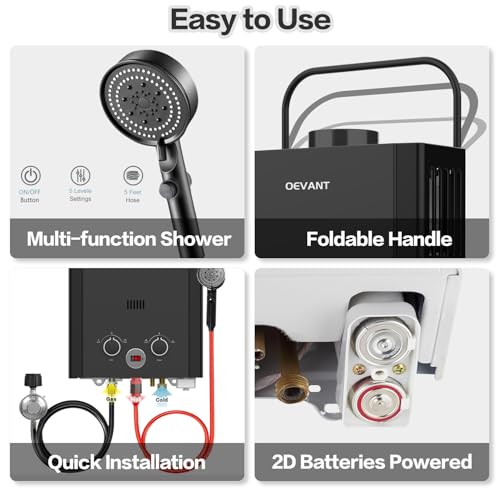 Propane Tankless Water Heater, 6L 1.58GPM Portable Gas Water Heater with Handle & Overheating Protection, Instant Hot Water for RV Camping, Outdoor Shower, Black – Image 5