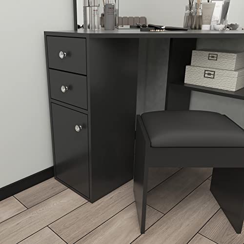Vanity Benches, Vanity Makeup Desk With Three-Fold Mirror Wooden Bedroom Vanity Table Corner Dressing Table With Cushioned Stool (Black) #TOP3
