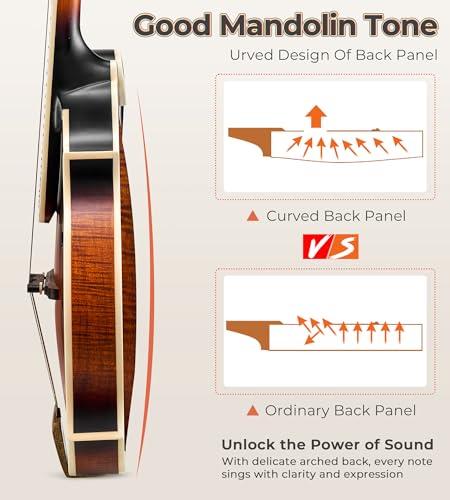 Image of Vangoa F-Style Mandolins Instrument, Solid Spruce and Maple, 29-Fret, Ebony Fingerboard and Bridge, 8 String Acoustic Mandolin, for Beginner Adults and the higher stages players, Classic Sunburst