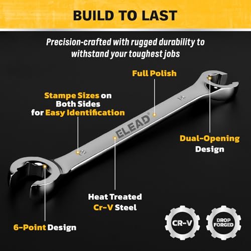 Image of ELEAD 14-Piece Flare Nut Wrench Set with PTFE Tape, Metric & SAE 1 /4 inch-7 /8 inch& 6-21mm, Brake Line Wrench Set Double Open End with Organizer Pouch for Repairing and Removing Nuts