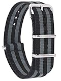 ZULU-Armband (Uhren-Armband aus Nylon) als Ersatzarmband in schwarz grau mit Dorn-Schliesse aus Edelstahl in silber, 22mm breit, ca. 26cm lang inkl. Dornschliesse (+/- 5mm Toleranz), 13 Löcher zur Anpassung an alle Handgelenke mit einem Umfang von 15 - 24cm (+/- 5mm Toleranz)