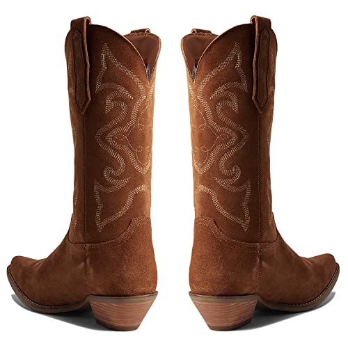 Image of LEHOOR Cowboy Boots Women Embroidered Mid Calf Western Boots Stacked Low Heel Pointed Toe Pull On Cowgirl Boot 4-11 M US