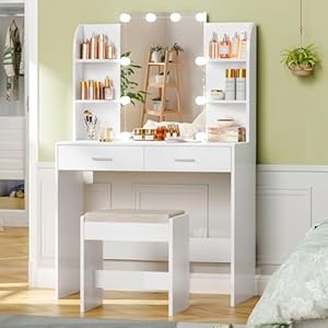 usikey Vanity Desk with Mirror & Lights, Makeup Vanity Table with 2 Large Drawers, 6 Storage Shelves & Stool, Bedroom Dressing Vanity Table with 3 Color Light Adjustable, White
