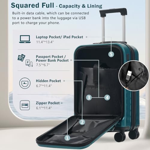 3 Piece Front Opening Luggage Set Hardside Carry on Suitcase with USB Port Expandable Spinner Wheels TSA Lock (Dark Green + ABS)4