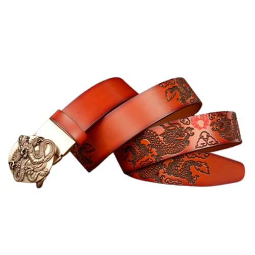 Men's Cowhide Leather Slide Ratchet Belt With Dragon Engraved Automatic Buckle - Western Embossed Waist Strap