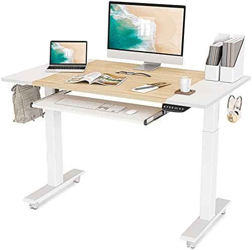 FEZIBO Dual Motor Height Adjustable Electric Standing Desk with Keyboard Tray, 140 x 60 cm Sit Stand Table with Splice Board, White Frame/Natural and White Top