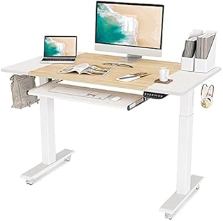 FEZIBO Dual Motor Height Adjustable Electric Standing Desk with Keyboard Tray, 140 x 60 cm Sit Stand Table with Splice Board, White Frame/Natural and White Top