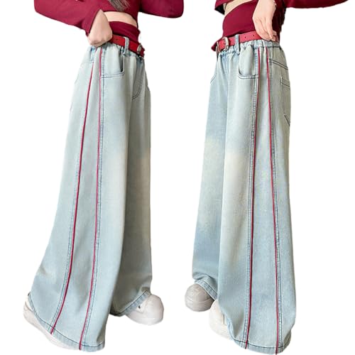 Tween Girls Wide Leg Jeans-Elastic Waistband Baggy Denim Pants with Pockets, Casual Streetwear Jeans for Girls