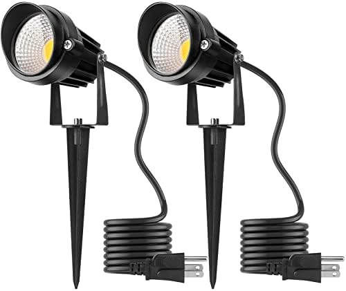 Warm White Spot Lights Outdoor, 12W 3000K Landscape Spot Lights, IP65 Waterproof Garden Lighting, Metal Case COB LED Lights for Lawn Lamp US 3- Plug Yard Christmas Decoration with Stakes(2 Pack)