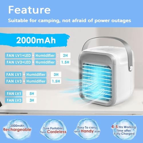 Portable Air Cooler, Rechargeable Evaporative Air Conditioner Fan with 3 Speeds 7 Colors, 3 in 1 Air Cooler with Water Tank, Cordless with Handle for Home, Office and Room - Image 2