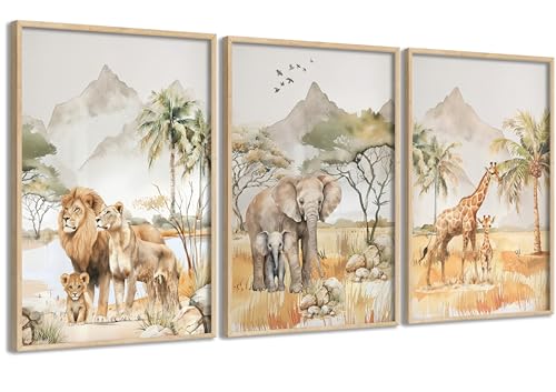 Safari Animals Nursery Wall Art Woodland Animals Nursery Wall Decor Cute Giraffe Elephant Lion Picture Painting Tropical Savanna Poster Print Artwork for Baby Room Boy Room Kids Room Decoration