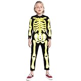 HSCTEK Light Up Skeleton Costume Teen Kids Boys Girls, Glow in the Dark Bone Cosplay Toddler Children, EL Wire Led Halloween Clothes Onesie Jumpsuits Child, Yellow 14