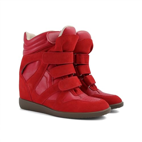 Image of Wedge Sneakers for Women Heels Suede Hook and Loop High Heel Tennis Round Toe Triple Strappy Band Casual Vintage Fashion Dressy Comfy Campus Trendy Retro Sneaker