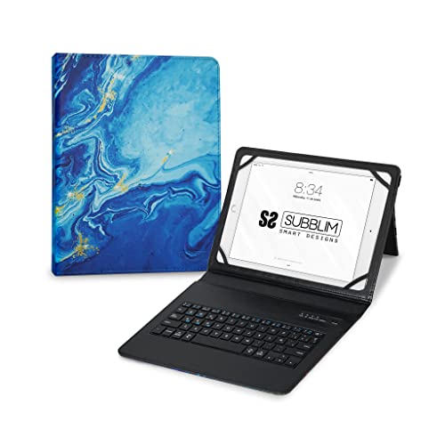 Subblim Funda para Tablet 11”, con Teclado Bluetooth, Teclado Español, Cierre Banda Elástica, Puerto de Carga, Ultra Slim, Keytab Pro Marmol Azul (11', Trendy Marmol Azul)