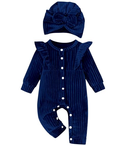 Image of UNICOMIDEA Baby Girl Jumpsuit 0-3 Months Long Sleeves With Hat Sets Outfits For Babies Dark Blue Ruffles Buttons Loose Clothes Infant Rompers Homewear