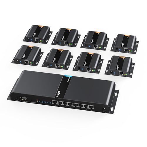 gofanco 1080p 1x8 HDMI Extender Splitter Over IP Kit –395ft/120m, Direct Connection (TX to RXs) Over CAT5e/CAT6, Over 1G Gigabit Ethernet Switch, Network LAN, VLAN, Scalable, IR Extension (HDbitT8Pv2)