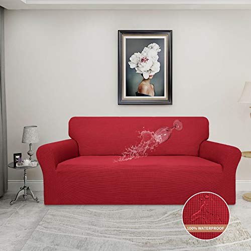 Image of Easy-Going 100% Waterproof Couch Cover, 3 Cushion Couch Slipcover for Sofa | Leakproof Sofa Cover, Stretch Jacquard Furniture Protector Against Stain Spill from Kids, Pets, Dog (Sofa, Christmas Red)