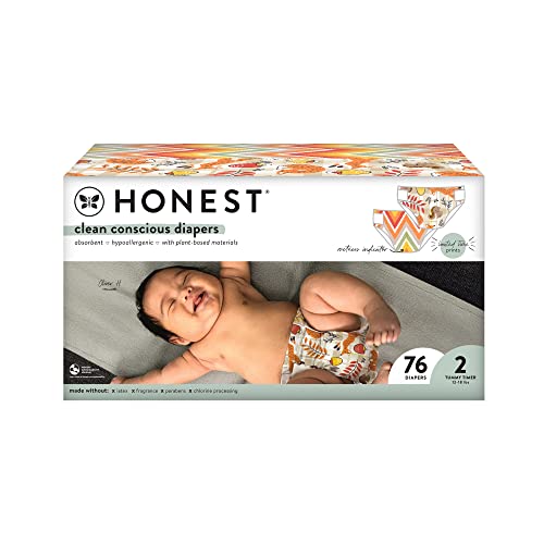 Image of The Honest Company Clean Conscious Diapers | Plant -Based, Sustainable | Fall '22 Prints | Club Box, Size 2 (12-18 lbs), 76 Count
