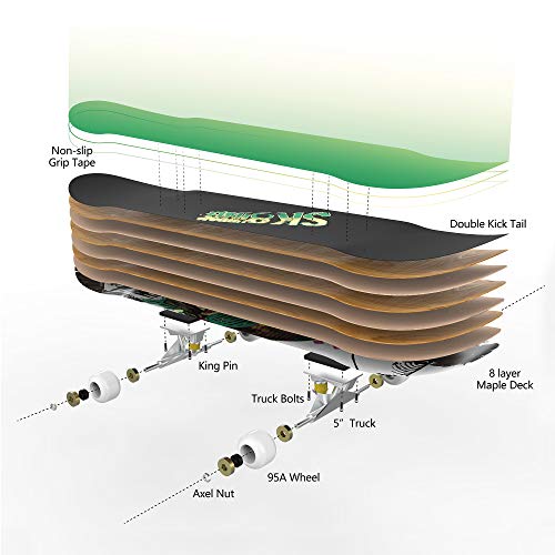 Skateboards voor beginners, 31 "x 8" Compleet Skateboard met ABEC-7 lager & 95A Wiel, 8 laags Hard Maple Deck voor Kids Tieners & Volwassenen, Dubbel Kick Deck Concave Cruiser Trick Skull Skateboard, Load 2200lbs - Afbeelding 3