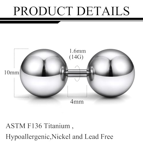 Ruifan ASTM F136 Titanium 6mm Big Balls Externally Threaded Straight Barbell PA Piercing Jewelry Stretching Kit For Women Men 14G Extra Short Bar 4mm by Ruifan - Image 2