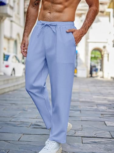 Mens Linen Casual Pants Lightweight Drawstring Beach Pants Elastic Waist Cropped Pants