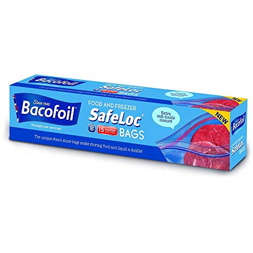 BacoFoil Lot de 15 sachets Safeloc à double fermeture hermétique pour aliments et congélateurs Bleu Taille M Cover