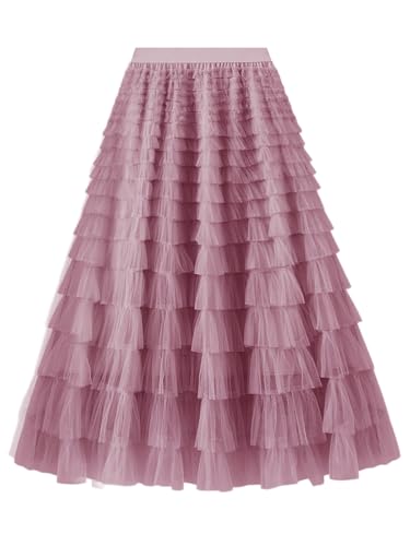 Women's Layered Tulle Skirts A Line Ruffle High Waisted Mesh Long Maxi Skirt