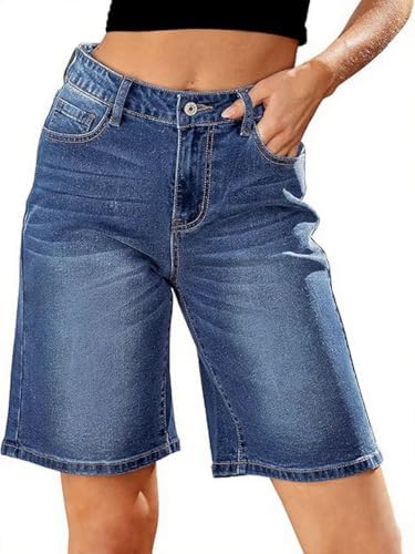 Jeans Shorts Damen High Waist Trendig Knielang Kurze Jeans Stretc...