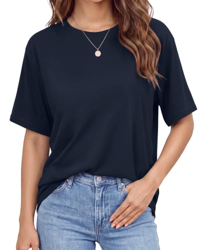Stelle Women Oversized T Shirts Crew Neck Short Sleeve Shirts Summer Loose Fit Tees Navy Blue X-Small