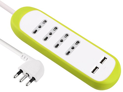 Electraline 62062 Multipresa 4 Posti Bivalenti 10/16A e 2 USB 2.1A con Copertura Protettiva e Antiscivolo di Silicone, Verde