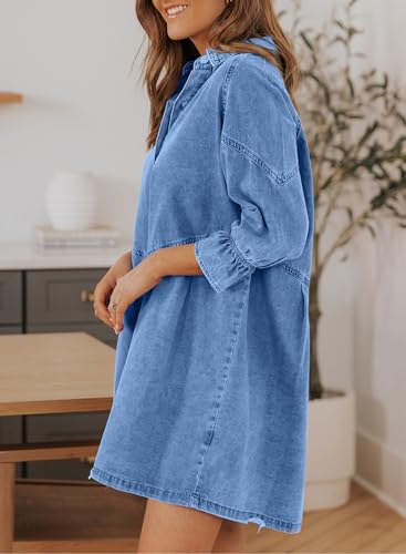 Image of Sidefeel Womens Smocked 3 4 Sleeve Button Down Denim Jeans Dresses