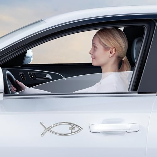 Image of 2PCS Christian Cross Fish Car Emblem, Large Jesus Fish Cross Auto Emblem Badge Bumper Sticker, Weatherproof Christian Fishes Symbol Ichthus Religious Decal for Most Vehicles (Silver)