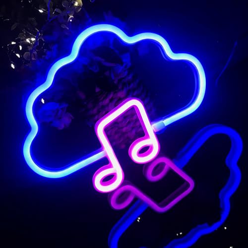 Coppia di note musicali e nuvole, logo neon LED blu