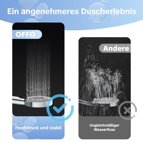 OFFO Duschkopf mit Filter, 100 mm Duschbrause mit 6 Strahlarten, Handbrausen Wassersparend, Rundes Design mit Antikalk Funktion, Leicht zu Reinigen, Chrom