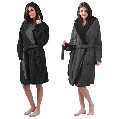 HOMELEVEL Peignoir Femme avec Capuche - Peignoir Femme Hiver 2en1 Réversible avec Poches - Robe de Chambre Polaire 100% Polyester Ultra Doux - Robes de...