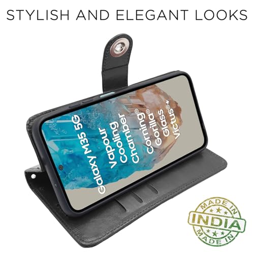 Image of Pikkme Flip Cover Leather Finish | Inside TPU with Card Pockets | Wallet Stand and Shock Proof | Complete Protection Button Flip Case for Samsung Galaxy M35 5G (Black)